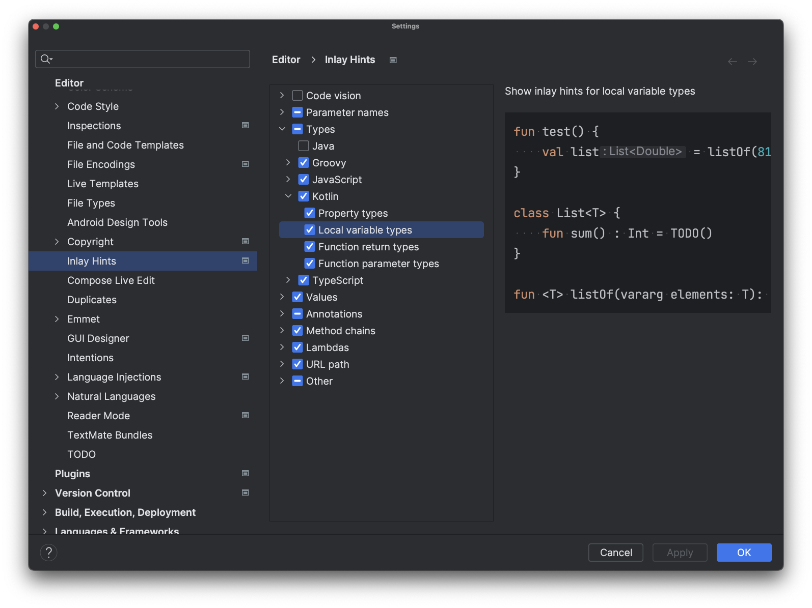 Fig. 7: IntelliJ IDEA's inlay hints settings